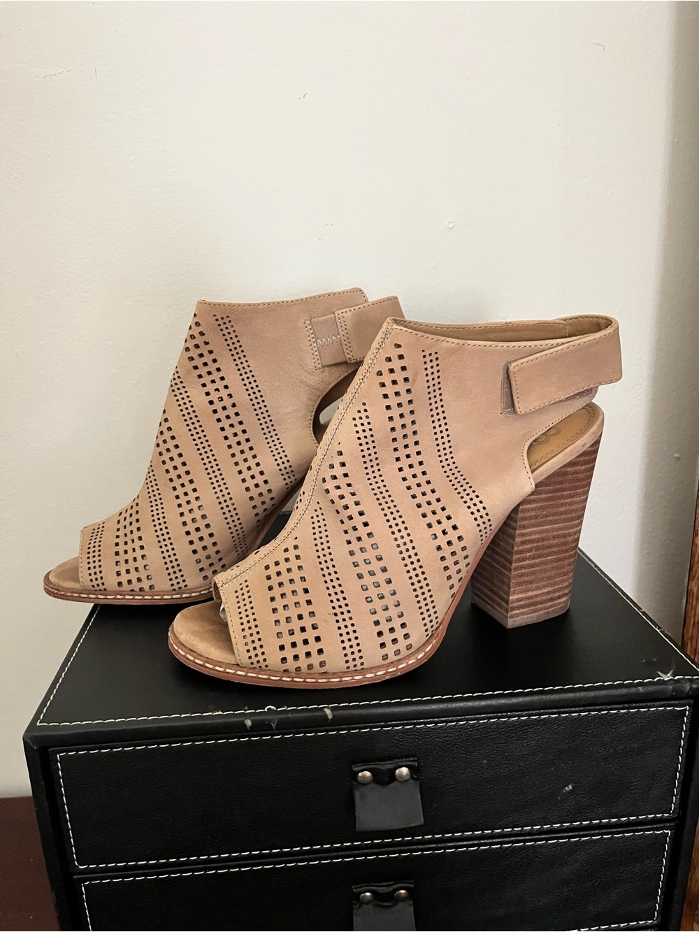 Gianni Bini Perforated Peep-Toe Block Heel Sandal - Tan